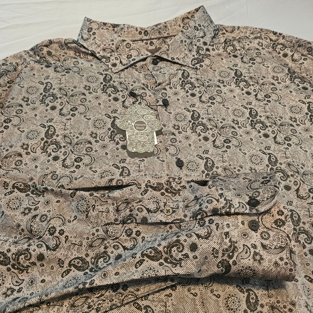 Luciano Visconti Black 3XLT Smoke Grey Black Paisley Button Shirt NWT 1019